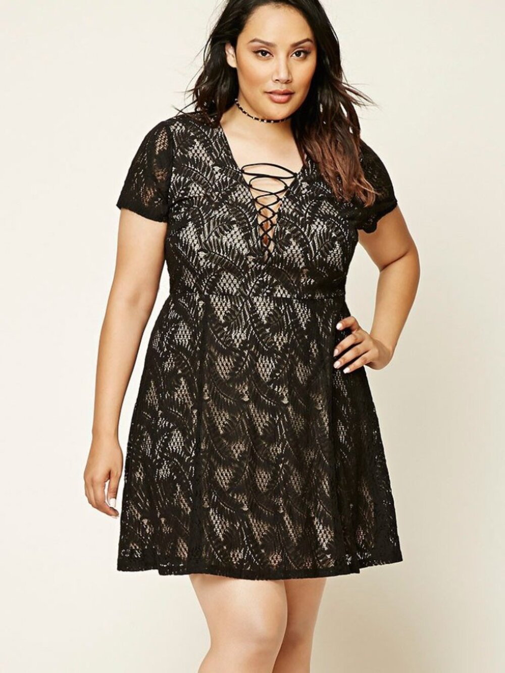 Forever 21 Plus Size Black Nude Floral Lace-Up Dress 1X/2X